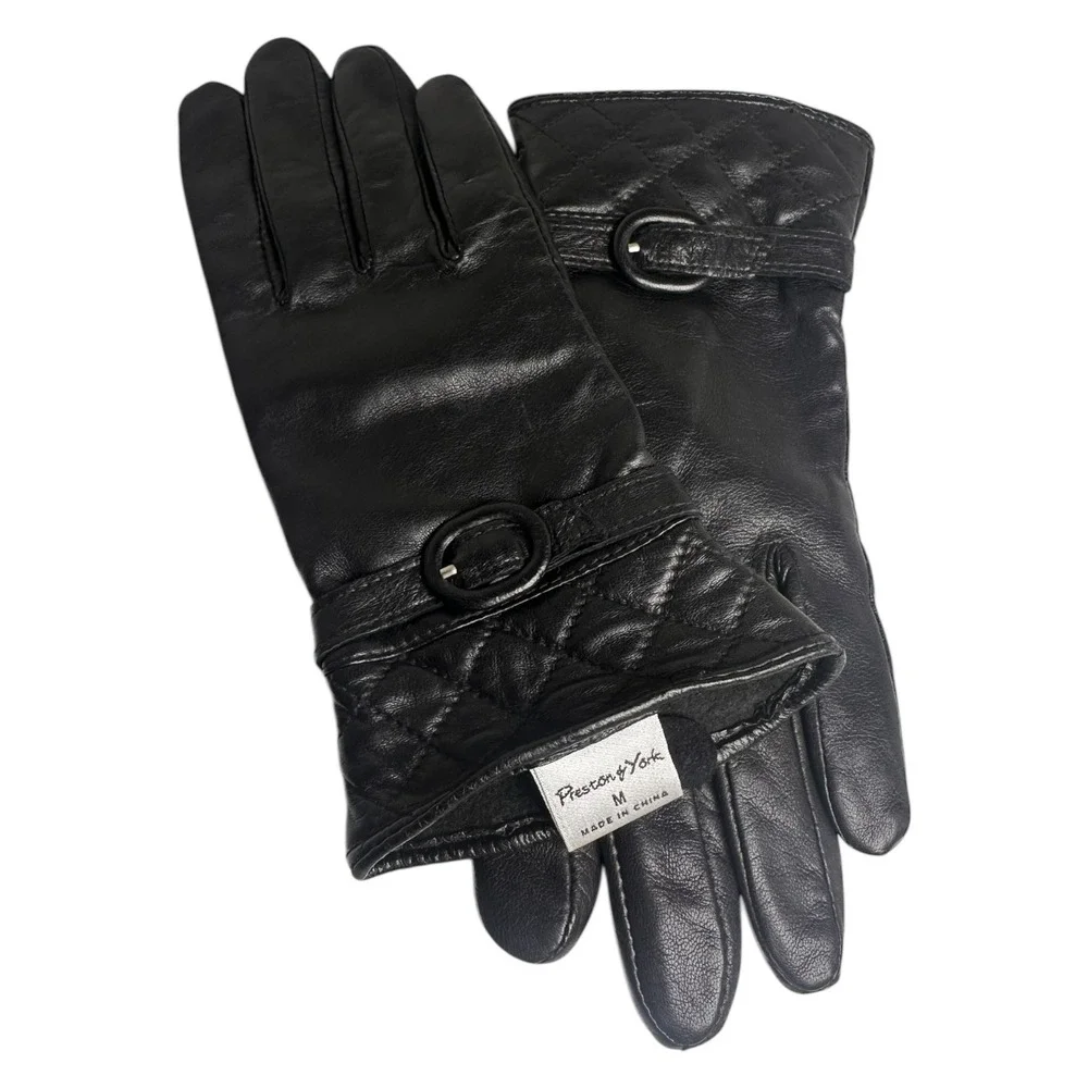 Vintage Preston‎ & York Black Leather Gloves Quilted Fleece Lined M